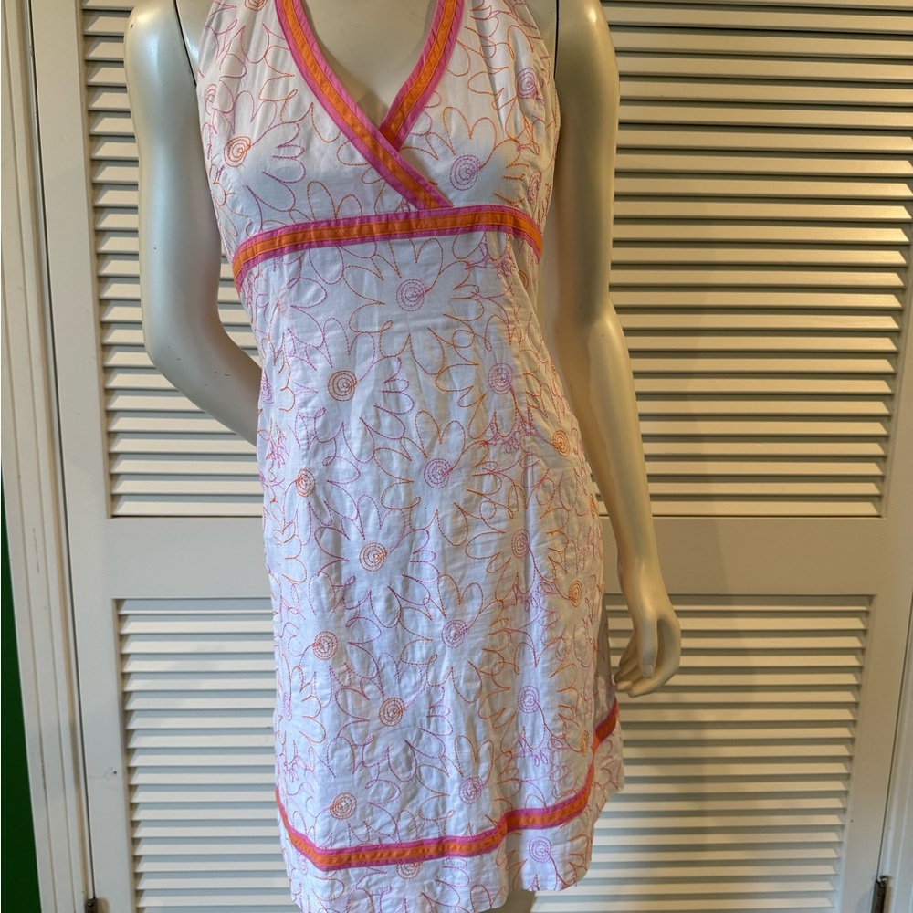 Lilly Pulitzer White with Pink and Orange embroidery Halter Dress